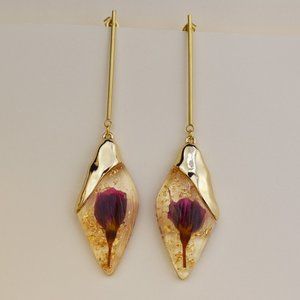 Pressed flower earrings, massive real red rose earrings dangle, statement studs
